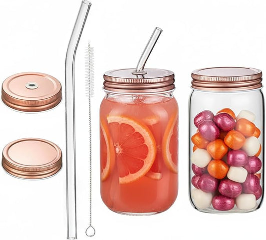 16oz Glass Cups with Lids and Straws - 2Pcs Reusable Juice Bottles,Drinking Glasses Set for Coffee Bar Accessories,Matcha Cup Glass Tumbler Reusable for Gifts