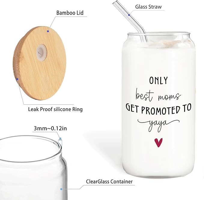 Yaya Grandma Announcement Gifts Glass Cup with Lids and Straws 14oz, Pregnancy Announcement for Grandma, Get Promoted to Yaya Glass Iced Coffee Tumbler Drinking Jars with Cleaning Brush