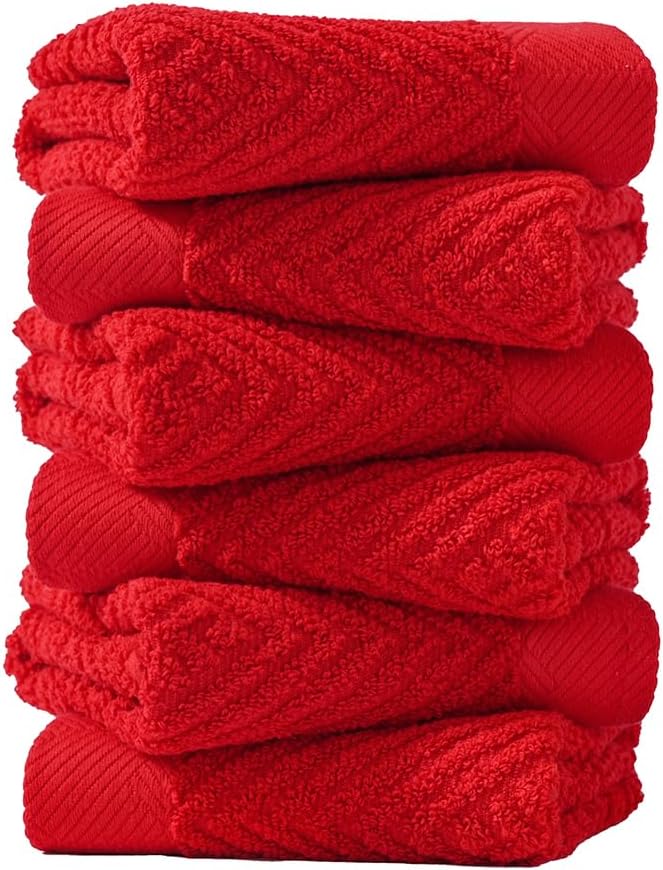 sense gnosis Red Washcloth Set of 6 Premium 100% Cotton Herringbone Striped Weave Ultra Soft Highly Absorbent Washcloth for Kitchen Home Bathroom 13 X 13 Inch