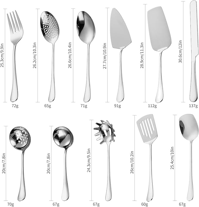 Serving Utensil Set 11-Piece Stainless Steel Modern Flatware Server All Metal Kitchen Cooking Tools Solid Spoon Slotted Ladle Skimmer Pasta Server Cake Knife Cutter Spatula Turner