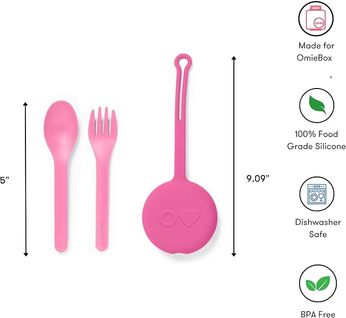 Omie OmieBox Kids Utensils Set with Case - 2 Piece Plastic, Reusable Fork and Spoon Silverware with Pod for Kids (Bubble Pink)