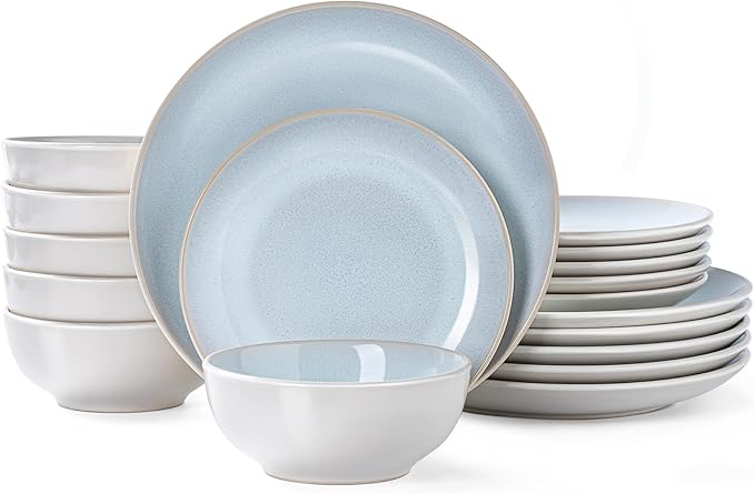 Plates and Bowls Sets for 6 - CJDC-QUELO 18-Piece Stoneware Dinnerware Sets, Ceramic Dishware Set for Kitchen Use and Formal Dining, Chip and Scratch Resistant Microwave Dishwasher Safe, Off White