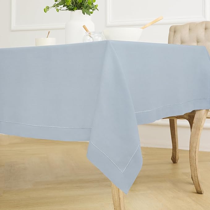 Solino Home Dusty Blue Linen Tablecloth 60 x 120 Inch - 100% Pure Linen Hemstitch Table Cloth for Rectangle Tables - Classic Hemstitch, Machine Washable Tablecloth for Winter