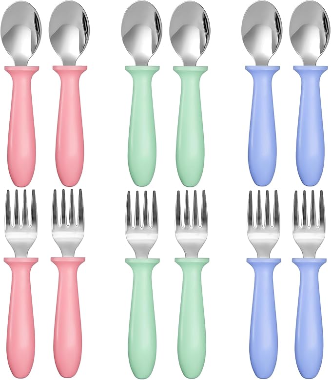 12 Pieces Toddler Utensils, Toddler Forks and Spoons, Kids Silverware Set with Plastic Handle Stainless Steel Silverware, Dishwasher Safe