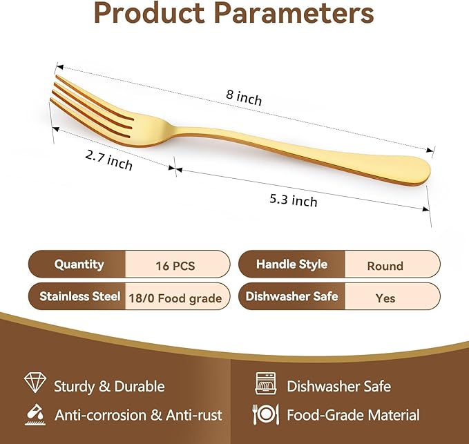 16 Piece Gold Dinner Forks Set 8 Inch Food-Grade Stainless Steel Silverware Forks Cutlery Forks for Home Kitchen or Restaurant Mirror Polished Dishwasher Safe (Gold)