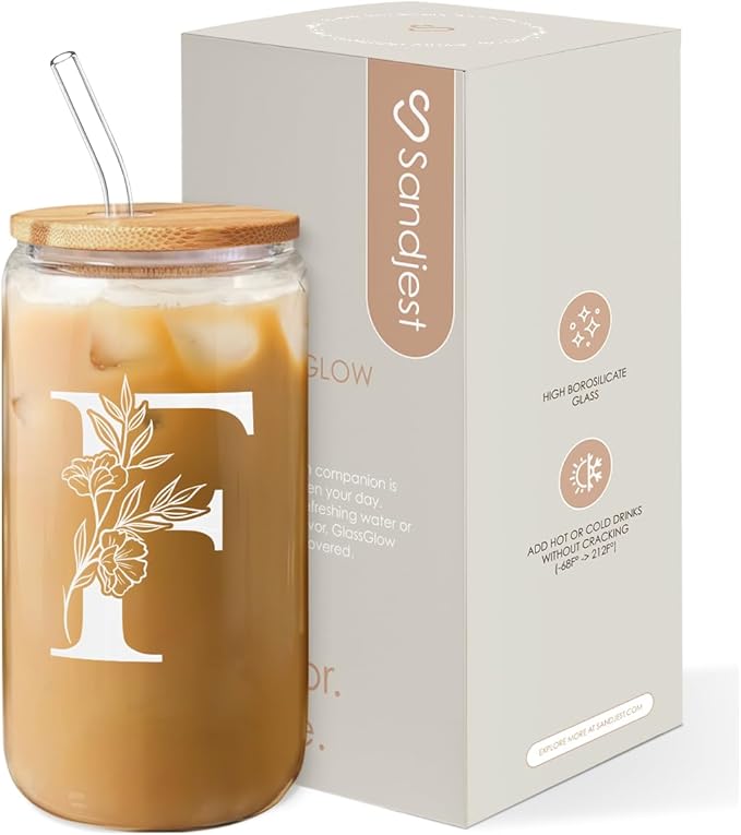 SANDJEST Monogrammed Gifts for Women - Monogram F Initial Glass Cup 16 Oz Can Coffee Cups with Lid and Straw - Monogram Initials Gifts for Womens on Birthday