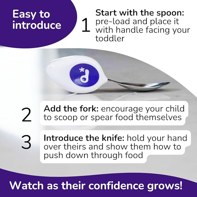 doddl Toddler Utensils, Ergonomic Fork Spoon and Knife Set for Self Feeding, Stainless Steel Silverware for 1-3 Year Olds, BPA Free, Dishwasher Safe (Indigo)