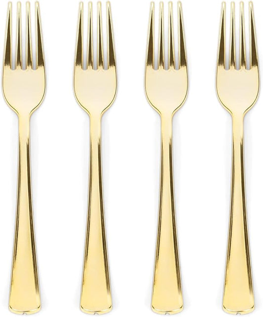 Prestee Set of 300 Gold Plastic Forks Disposable - 7-in Heavy-Duty Fork Flatware - Bulk Pack Fancy Silverware - Sturdy Elegant Cutlery for Weddings, Birthday Parties, Buffets, Catering, and Events