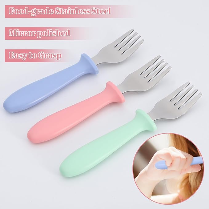 Pimoys 6-Pack Stainless Steel Toddler Forks Baby & Kids Utensils for Self-Feeding Plastic Handle Dishwasher Safe