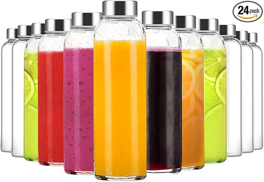 18 oz Clear Glass Water Bottles with Lids, Reusable Glass Juice Bottles with Stainless Steel Cap for Juicing, Refrigerator,100% Leak Proof, BPA Free, Set of 24