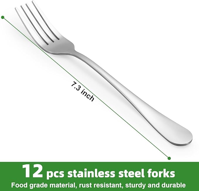 12 Piece Dinner Forks Set, Food-Grade Stainless Steel Forks Silverware, Cutlery Fork, Salad Fork, Metal Forks for Home, Kitchen or Restaurant, Mirror Polished, Dishwasher Safe - 7.3 Inch