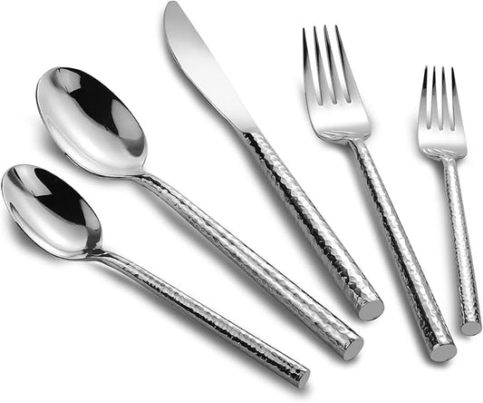 18/10 Stainless Steel Flatware Set Hand Forged Silverware Set Cutlery Set Round Hammered Handle Mirror Finished Heavy Duty 60 Pieces Service for 12