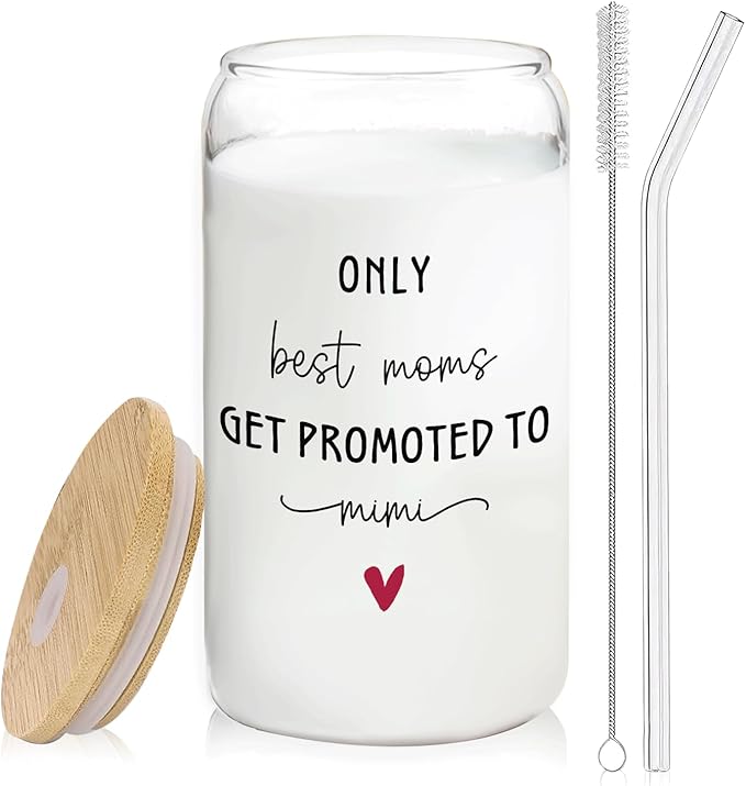 Mimi Grandma Announcement Gifts Glass Cup with Lids and Straws 14oz, Pregnancy Announcement for Grandma, Get Promoted to Mimi Glass Iced Coffee Tumbler Drinking Jars with Cleaning Brush