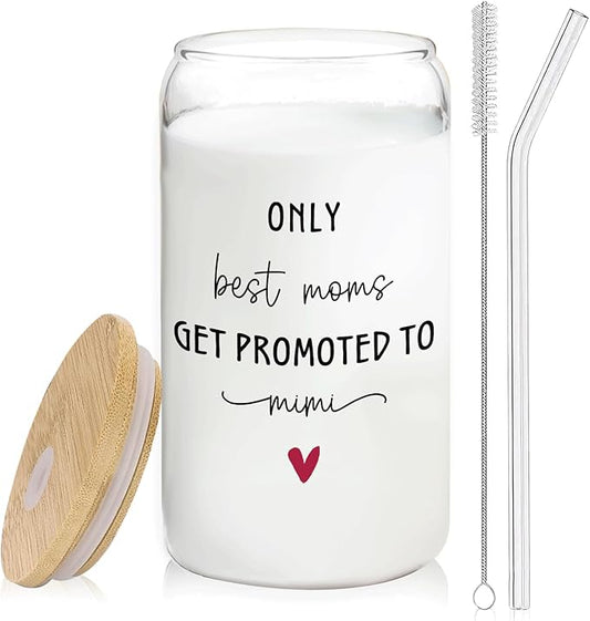 Mimi Grandma Announcement Gifts Glass Cup with Lids and Straws 14oz, Pregnancy Announcement for Grandma, Get Promoted to Mimi Glass Iced Coffee Tumbler Drinking Jars with Cleaning Brush