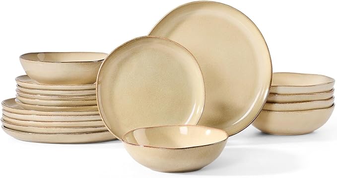 Herogo Stoneware Dinnerware Sets for 6, 18pcs Irregular Handmade Dinner Dish Set, Plates and Bowls Dishware for Kitchen Dining, Microwave & Dishwasher Safe, Cream Khaki
