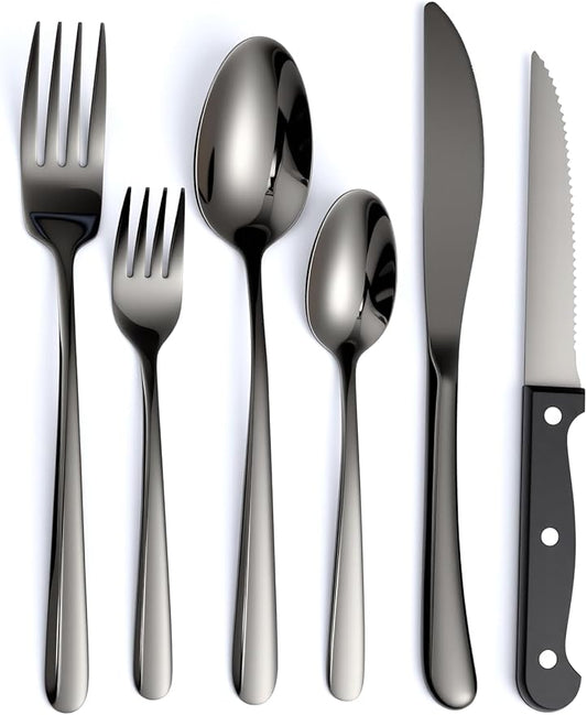 Elegant Tableware Set, 24-Piece Black Silverware Set with Steak Knives, Black Flatware Set For 4, Food-Grade Stainless Steel Set, Dishwasher Safe, Elegant Home Tableware And Dining Utensils
