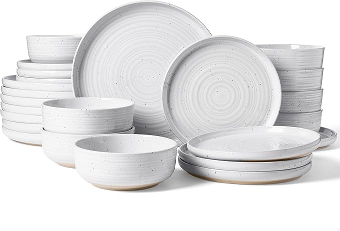 Stoneware Dinnerware Dishes Set for 8, 24 Pieces Plates and Bowls Sets, Spiral Flared Tableware with Speckles & Reactive Glaze - Microwave and Dishwasher Safe, White