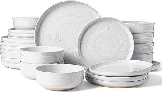 Stoneware Dinnerware Dishes Set for 8, 24 Pieces Plates and Bowls Sets, Spiral Flared Tableware with Speckles & Reactive Glaze - Microwave and Dishwasher Safe, White