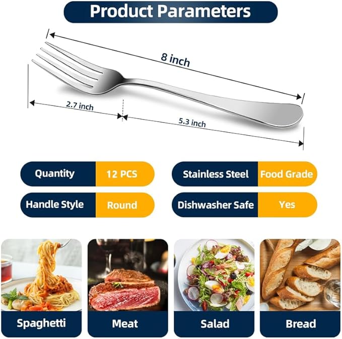 12 Piece Dinner Forks, 8 Inch, Top Food Grade Extra-Fine Stainless Steel Silverware Forks，Silverware Set, Dishwasher Safe （Silver)