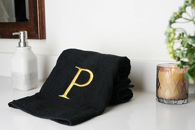 Black Monogrammed Hand Towel for Bathroom - Initial Hotel Quality Decorative Embroidered Luxury Towel for Powder Room, Spa - GOTS Organic Certified - Pack of 2, Letter P