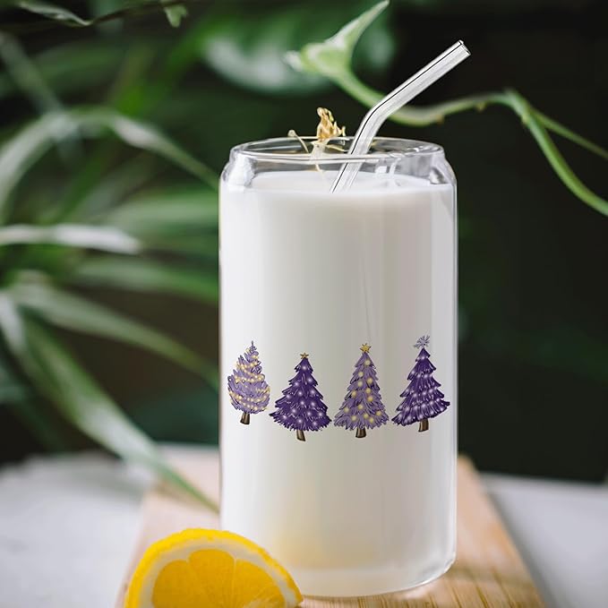 Purple Christmas Tree gifts Glass Coffee Cup With Lid And Straws 14oz - Merry Christmas Drinking Jar Gift For Women Kids Men,Glass Cup For Purple Xmas Decor
