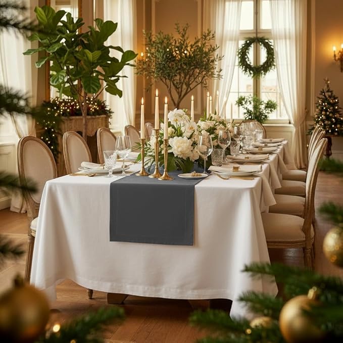 D'Moksha Homes Linen Table Runner 48 Inches - 100% Pure Linen Charcoal Grey Table Runner 14 x 48 Inch for Coffee Tables, Dresser, Winter, Holiday, New Year - Machine Washable