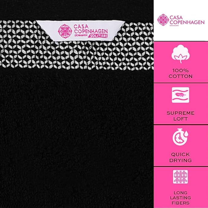 CASA COPENHAGEN Solitaire 6 Pieces Towel Set- Black, 600 GSM 2 Bath Towel 2 Hand Towel 2 Washcloth, Designed in Denmark Made of Soft Egyptian Cotton for Bathroom, Kitchen & Shower