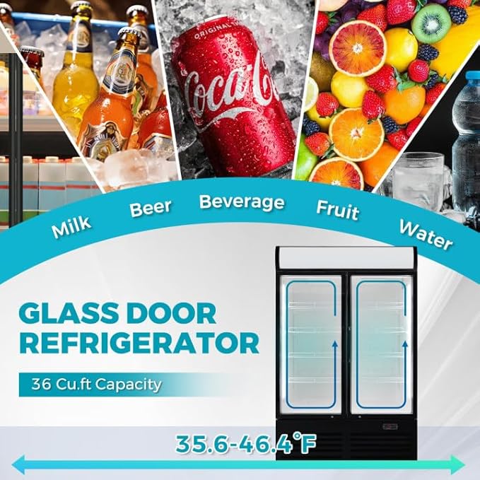 36 Cu Ft Commercial Beverage Refrigerator with 2 Glass Doors - Upright Drink Cooler Merchandiser with LED Light Display, 8 Adjustable Shelves, Black, ETL Approved for Business & Retail