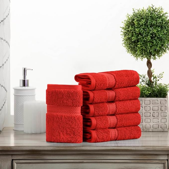 Superior Egyptian Cotton Pile Face Towel/Washcloth Set of 6, Ultra Soft Luxury Towels, Thick Plush Essentials, Absorbent Heavyweight, Guest Bath, Hotel, Spa, Home Bathroom, Shower Basics, Red