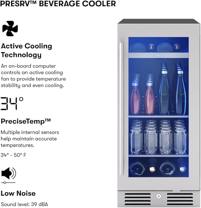 Zephyr Presrv 15" Slim Wine Fridge & Beverage Refrigerator Single Zone Under Counter - Narrow Mini Wine Cooler Small Beer Cabinet Drink Chiller Freestanding with Glass Door, 4 bottles, 64 cans