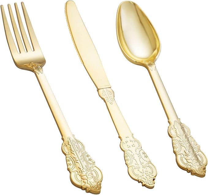 NOCCUR 180PCS Gold Plastic Cutlery Set - Gold Plastic Silverware Disposable - Include 60 Forks, 60 Spoons, 60 Knives - Perfect for Wedding/Fall Party/Thanksgiving