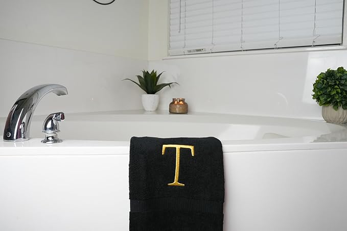 Black and Gold Bathroom Hand Towel - Monogrammed Luxury Hotel Quality Decorative Embroidered Towel for Powder Room, Spa - GOTS Organic Certified - Pack of 2, Letter T