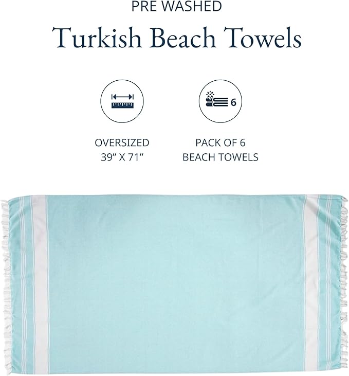 LANE LINEN Pool Towels, Turkish Beach Towels Oversized Set of 6, Pre-Washed, No Shrink, Quick Dry Travel Towel, Beach Towel for Women, Absorbent & Sand Free Towel, 39"x71" - Summer Color