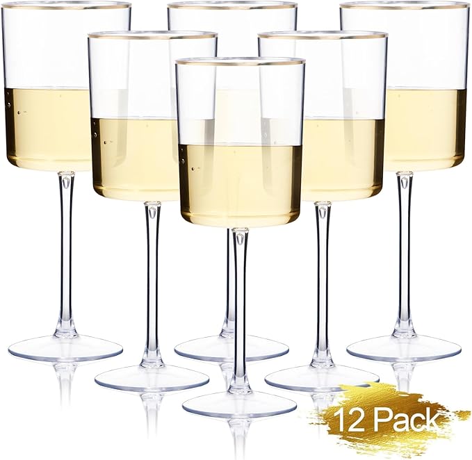 Ciaell 12 Pack Plastic Wine Glasses - 10 Oz Plastic Wine Glasses with Stem - Gold Rim Disposable Cups for Parties & Weddings & Poolside & Toasting & Outdoors & Christmas & New Year