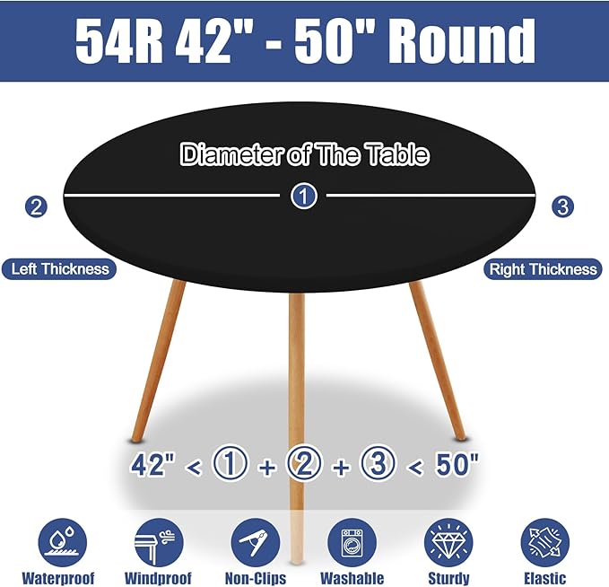 Round Spandex Tablecloth, Elastic Fitted Waterproof Tablecloths for 42"-50" Tables, Stretch Washable Picnic Table Cover for Camping, Dining, Indoor and Outdoor, Black