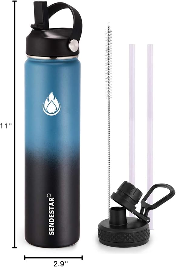 SENDESTAR Insulated Water Bottle 24 oz, Double Wall Vacuum Leak Proof Stainless Steel Sports Water Bottle—Wide Mouth with New Flex Straw Lid & Spout Lid (Deep Blue&Black)