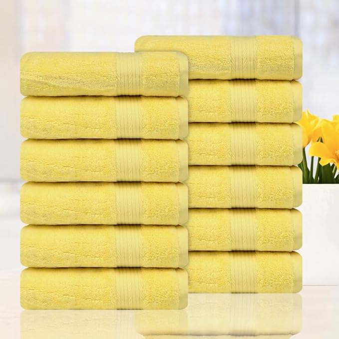 Ample Decor Hand Towel 18 X 28 Inch Pack of 12 600 GSM 100% Cotton, Oeko Tex Certified Soft Absorbent Thick Durable Premium Quality, for Hotel, Bathroom, Spa, Gym - Machine Washable - Yellow