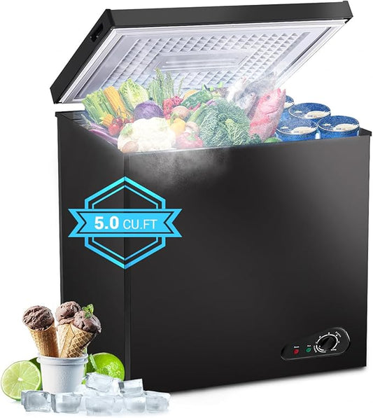 Compact Chest Freezer, 5.0 Cu Ft Deep Freezer with Removable Storage Basket, Mini Freezer with 7 Temperature Levels Thermostat, Black Top Open Door Freezer Ideal for Home, Kitchen & Office