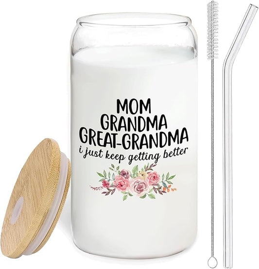Great Grandma GiftsBaby Announcement Glass Cup with Lids and Straws 14oz, Pregnancy Announcement for Great Grandma, Glass Coffee Tumbler Drinking Jars with Cleaning Brush
