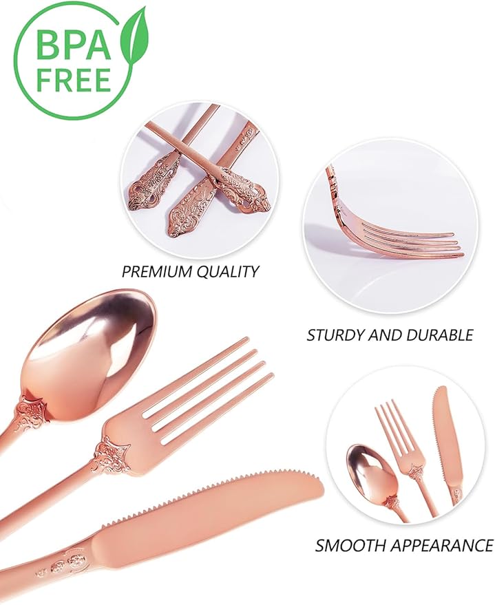 WDF 120Pieces Rose Gold Plastic Silverware - Heavy Duty Rose Gold Plastic Cutlery Set - Disposable Utensils - Flatware Includes 40 Forks, 40 Spoons, 40 Knives for Wedding, Valentines Day