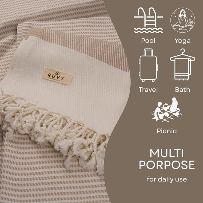 Ruvy Home Basics 2 Pack Turkish Beach Towels – Oversized Quick-Dry Bath Towels (40 x 72 Inches) – 100% Cotton Large Towels for Pool, Yoga, Travel, Camping Essentials, and Bathroom Decor - Beige