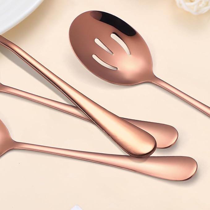 Rose Gold Serving Utensils Set 10 Pieces Copper Stainless Steel Catering Silverware Flatware Buffet Restaurant Banquet Include Fork Big Spoon Hostess Ladle Spatula Food Tong Cheese knife