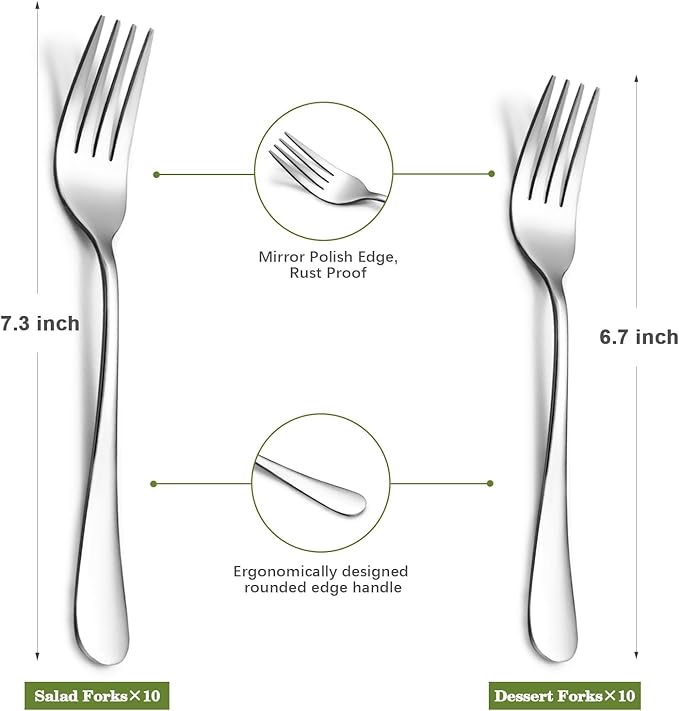 SANTUO Stainless Steel Forks Set, 10PCS 7.3" Salad Forks and 10PCS 6.7" Dessert Forks, Set of 20 Top Food Grade Silverware Forks, Mirror Polished & Dishwasher Safe