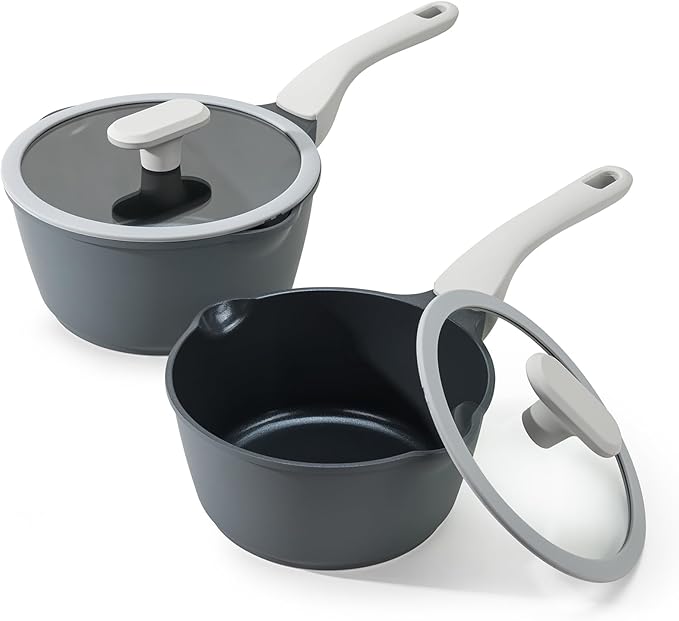 PRICUSIS Nonstick Saucepan Set with Lids, 2QT and 2.7QT Ceramic Sauce Pan Set, Non Toxic Sauce Pots with Pour Spouts for Multipurpose Use, PTFE, PFOA & PFAS Free, Induction Compatible.