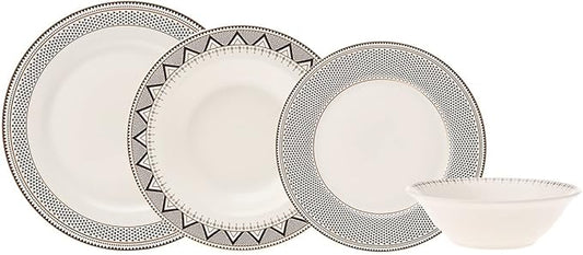 Karaca Globe 24-Piece Dinnerware Set for 6 People - Kitchen Dish Set for Salad, Soup, Pasta, Noodle & More - Modern Chic Porcelain Dishware Plate Set (White with Black Triangle Design)