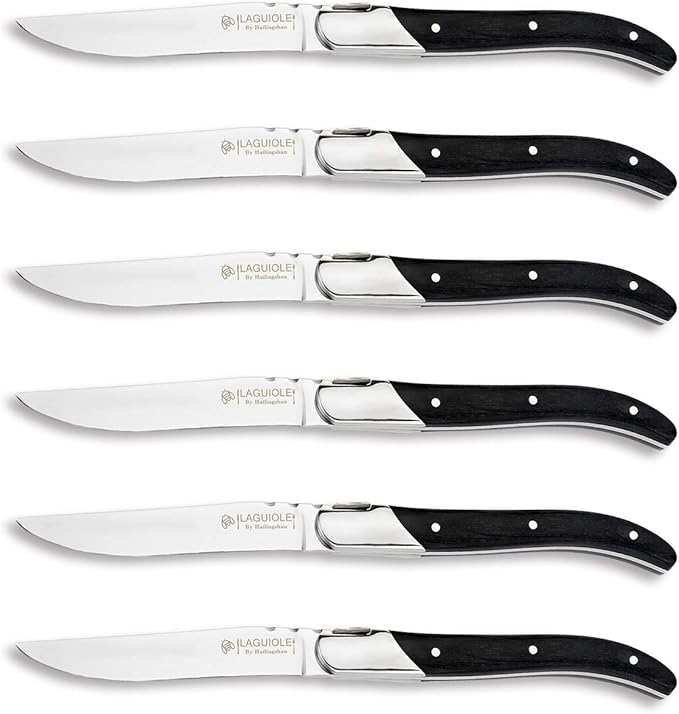 [Set of 6]Steak Knives, Hailingshan Stainless Steel Straight Blade Sharp Heavy-Duty Premium Dishwasher Safe Polished Table Dinner Cutlery Flatware Laguiole Steak Knife 22cm Gift Box-Black Wood Handle