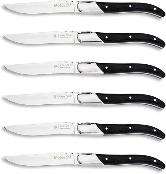 [Set of 6]Steak Knives, Hailingshan Stainless Steel Straight Blade Sharp Heavy-Duty Premium Dishwasher Safe Polished Table Dinner Cutlery Flatware Laguiole Steak Knife 22cm Gift Box-Black Wood Handle