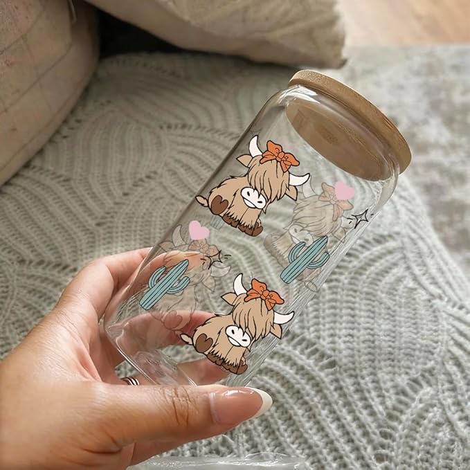 5PCS Highland Cow Cup Gifts for Women, Cute Cows Themed Stuff 16 oz Glass Cups with Lids and Straws, Highland Cow Christmas Birthday Gifts for Coffee Lovers, Women, Cowgirls, Girls, Mom-3
