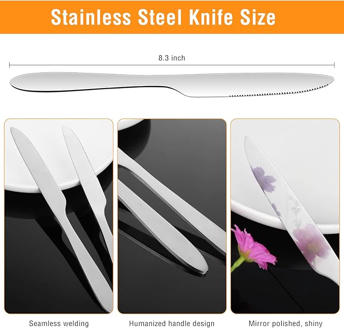 Nuenen 100 Pieces Dinner Knives Set, 8.3 Inches Durable Butter Knife Stainless Steel Serrated Table, Steak Silverware for Home, Restaurant, Kitchen, Dishwasher Safe and Mirror Polished