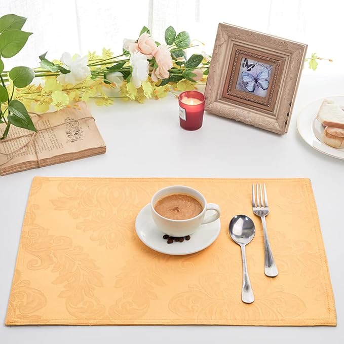 Place Mats Set of 8 – Rectangle Rectangular Waterproof Fabric Polyester Cloth Washable Wipeable Heat Resistant Placemats for Kitchen Dining Dinner Table Indoor 13 X 19 Inch Gold
